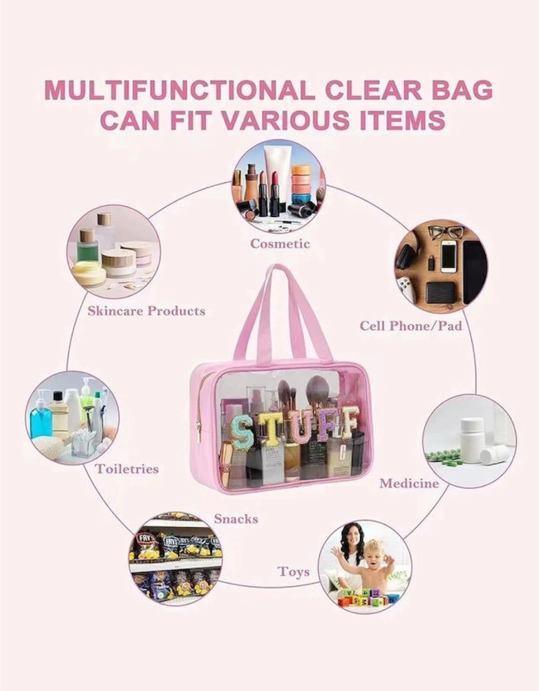 Pink STUFF Glitter Chenille Patched Transparent Makeup Bag