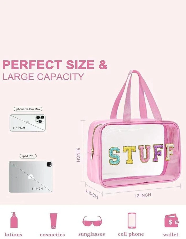 Pink STUFF Glitter Chenille Patched Transparent Makeup Bag