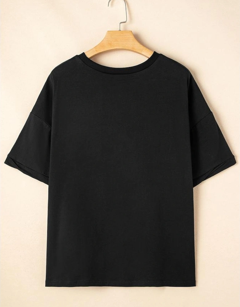 Black Sequin Rugby Football Patched Crewneck Loose T Shirt