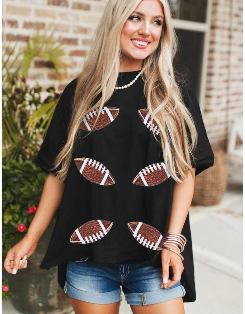 Black Sequin Rugby Football Patched Crewneck Loose T Shirt