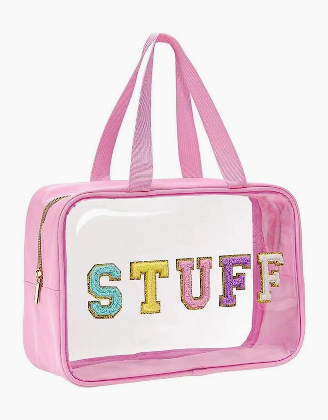 Pink STUFF Glitter Chenille Patched Transparent Makeup Bag