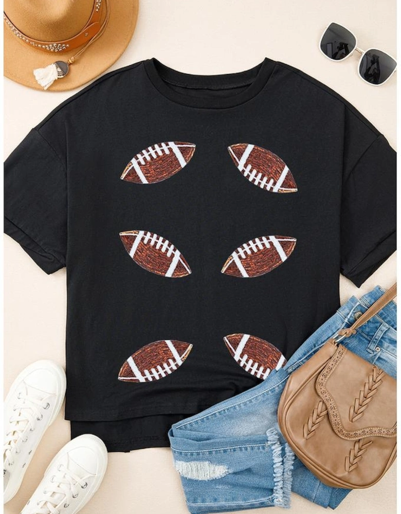 Black Sequin Rugby Football Patched Crewneck Loose T Shirt