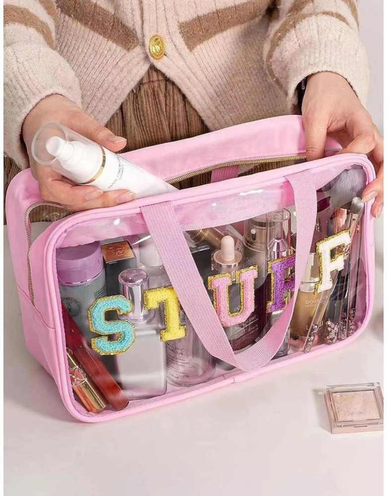 Pink STUFF Glitter Chenille Patched Transparent Makeup Bag