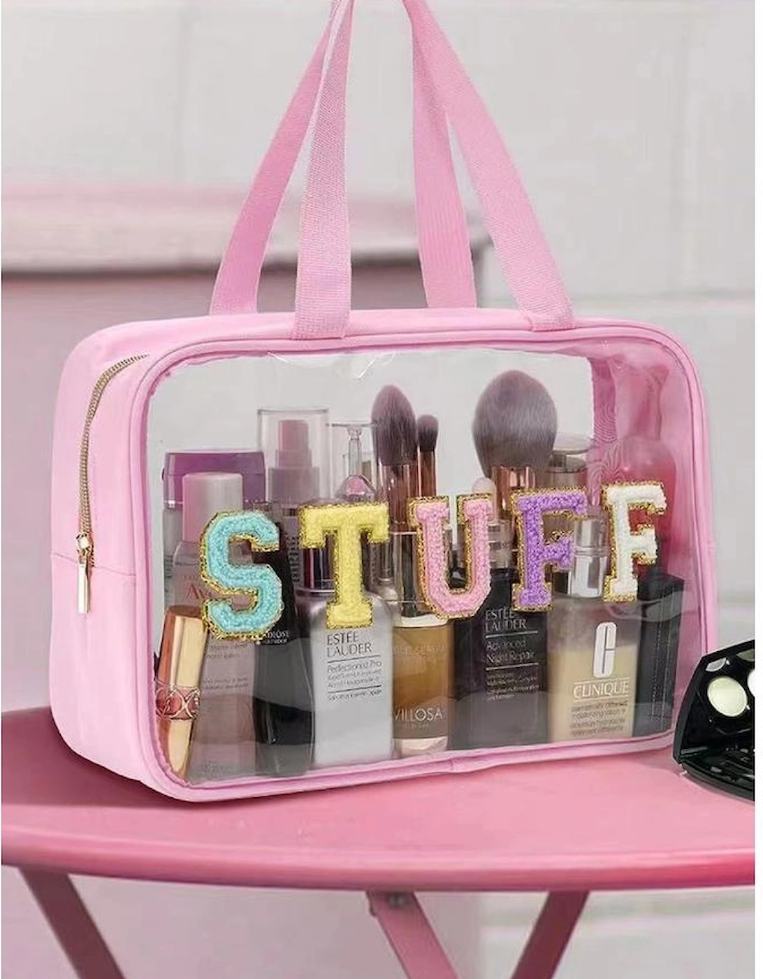 Pink STUFF Glitter Chenille Patched Transparent Makeup Bag