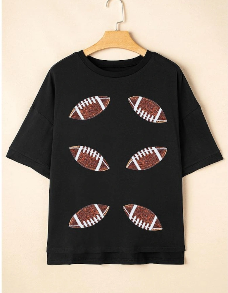 Black Sequin Rugby Football Patched Crewneck Loose T Shirt