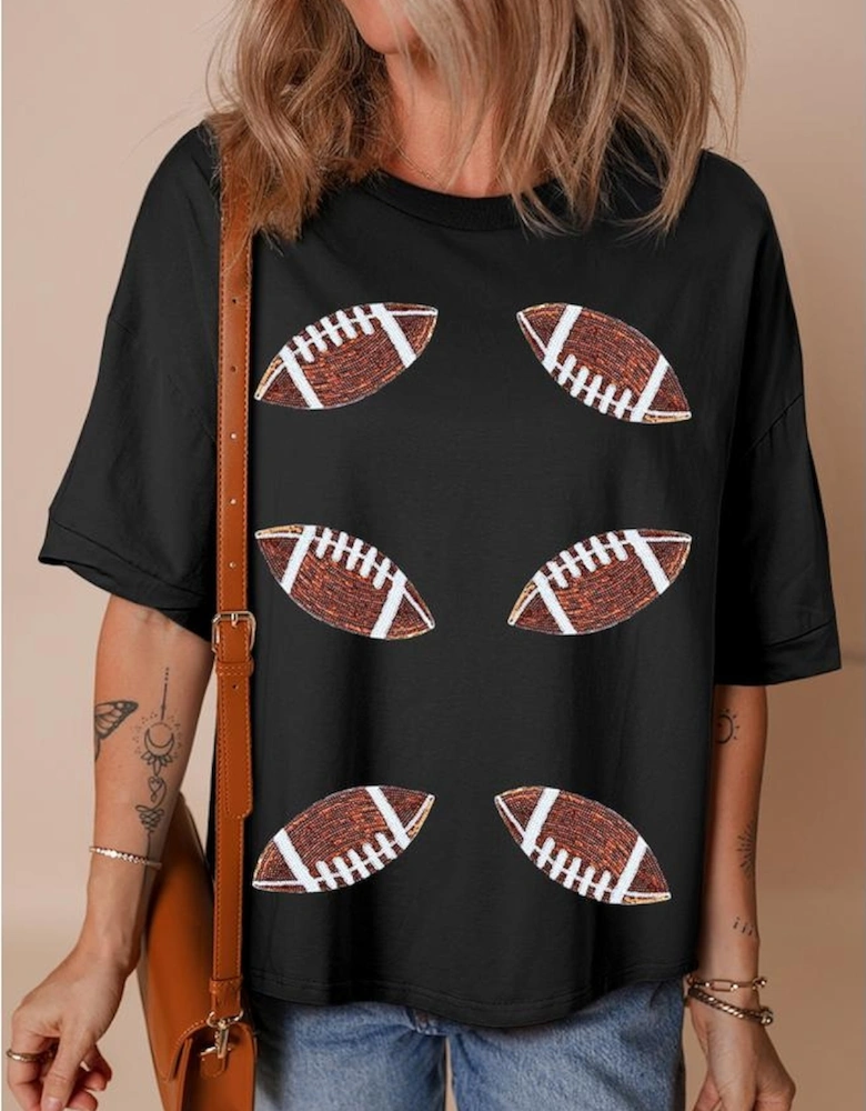 Black Sequin Rugby Football Patched Crewneck Loose T Shirt