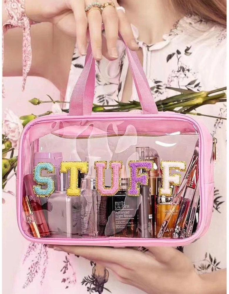 Pink STUFF Glitter Chenille Patched Transparent Makeup Bag