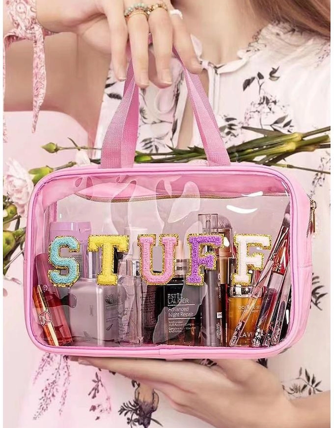 Pink STUFF Glitter Chenille Patched Transparent Makeup Bag