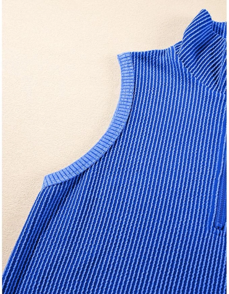 Sky Blue Corded Collared Half Zip Tank Top Two Piece Shorts Set