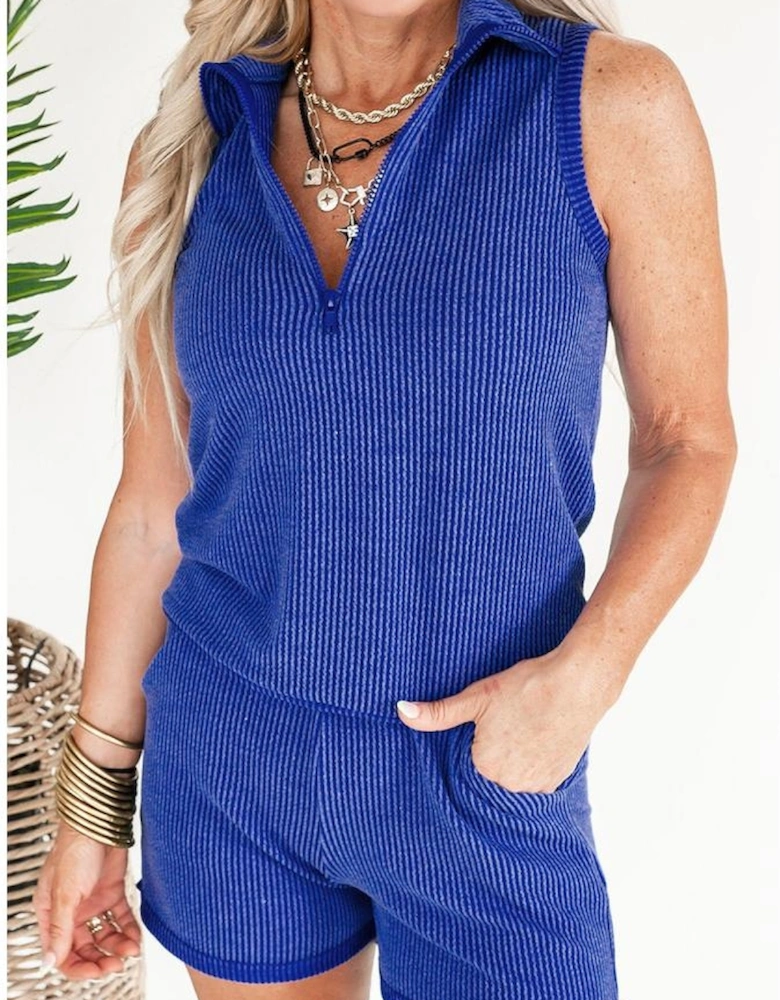 Sky Blue Corded Collared Half Zip Tank Top Two Piece Shorts Set