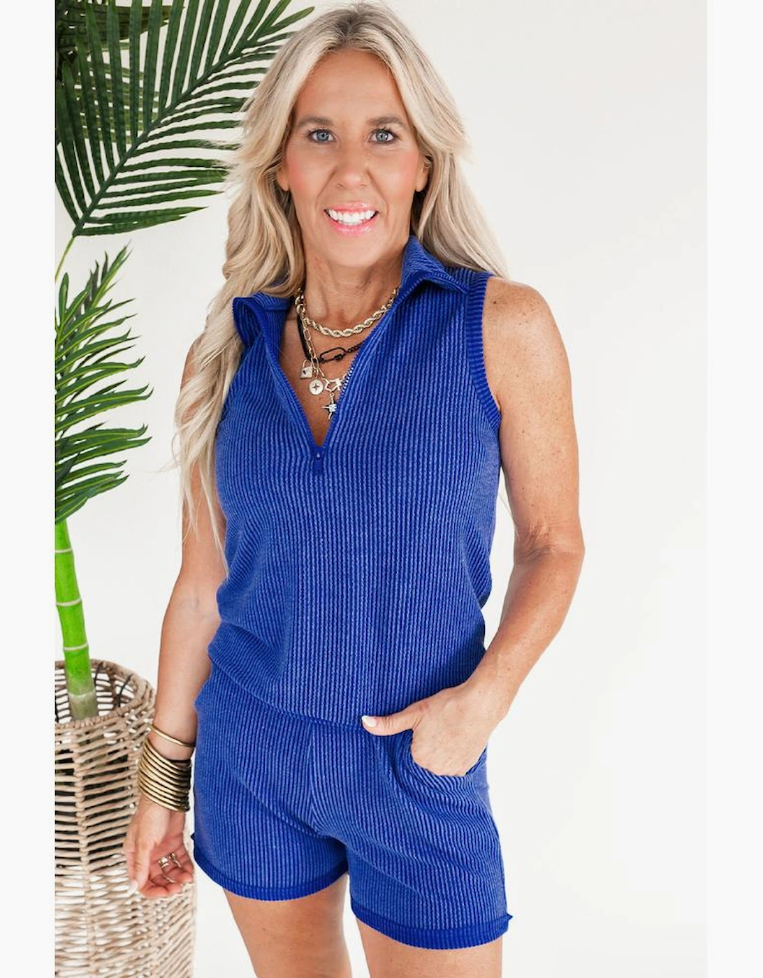 Sky Blue Corded Collared Half Zip Tank Top Two Piece Shorts Set