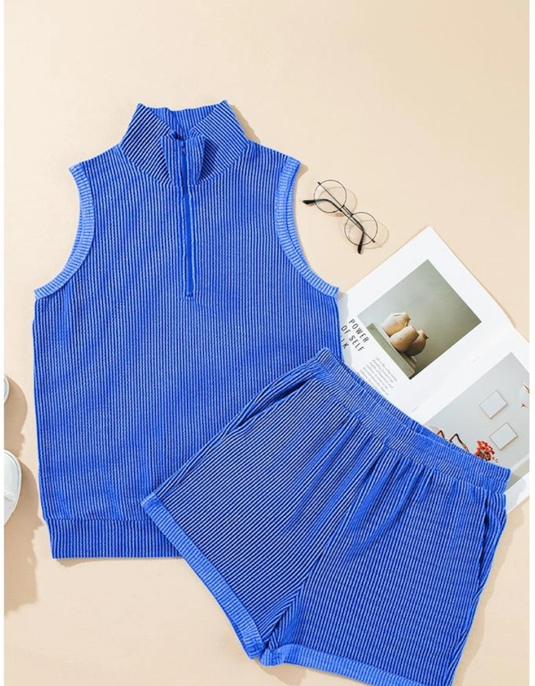 Sky Blue Corded Collared Half Zip Tank Top Two Piece Shorts Set