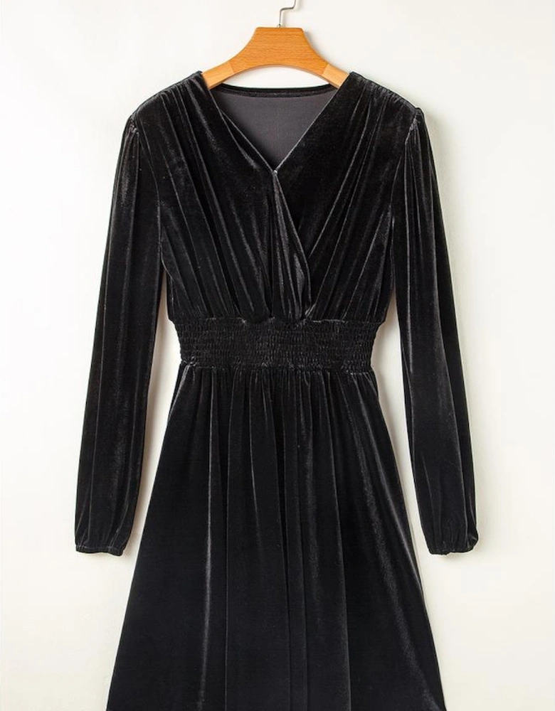 Black Velvet Long Sleeve Surplice High Waist Mini Dress