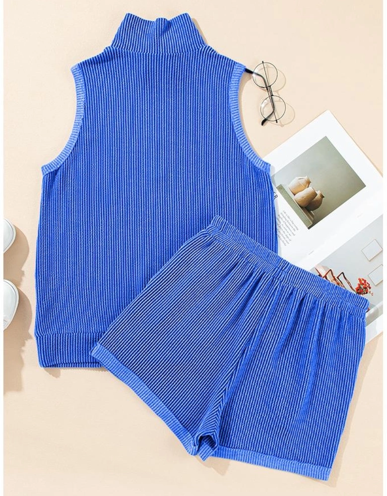 Sky Blue Corded Collared Half Zip Tank Top Two Piece Shorts Set