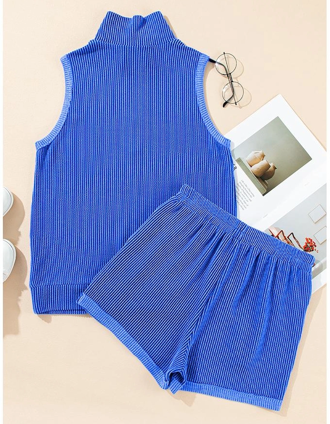 Sky Blue Corded Collared Half Zip Tank Top Two Piece Shorts Set