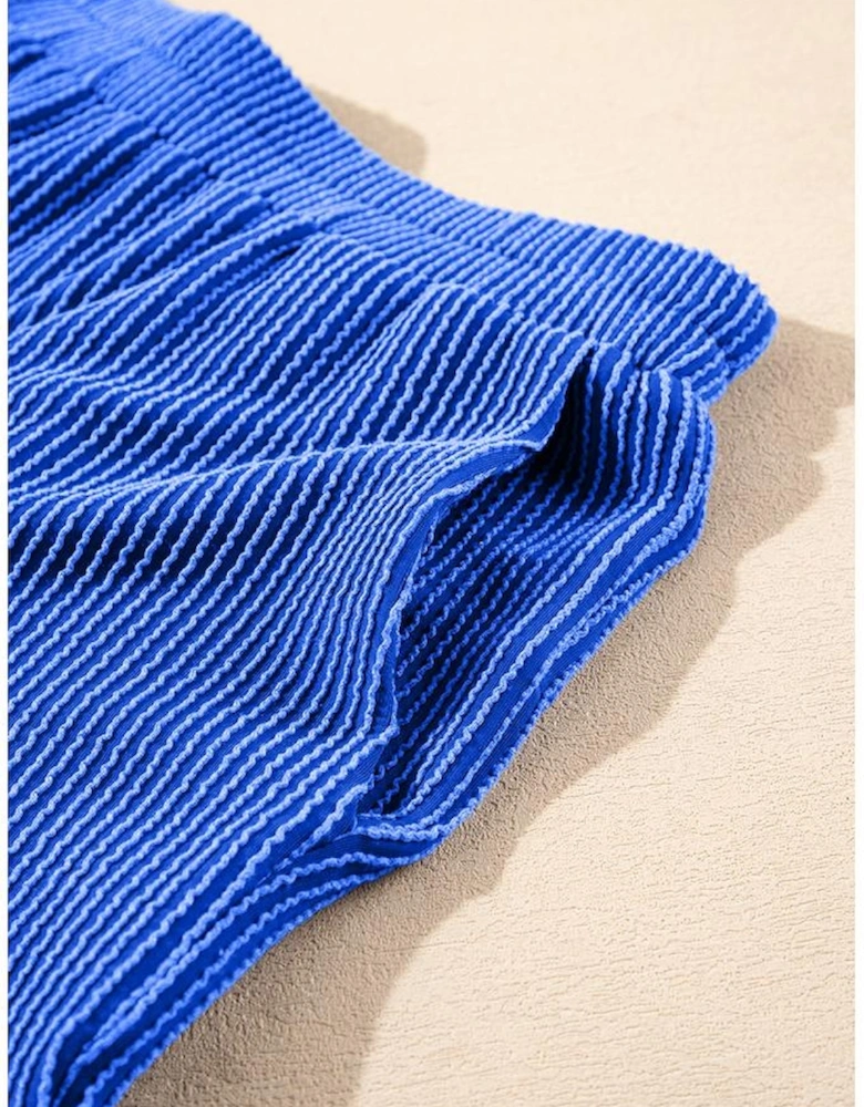 Sky Blue Corded Collared Half Zip Tank Top Two Piece Shorts Set