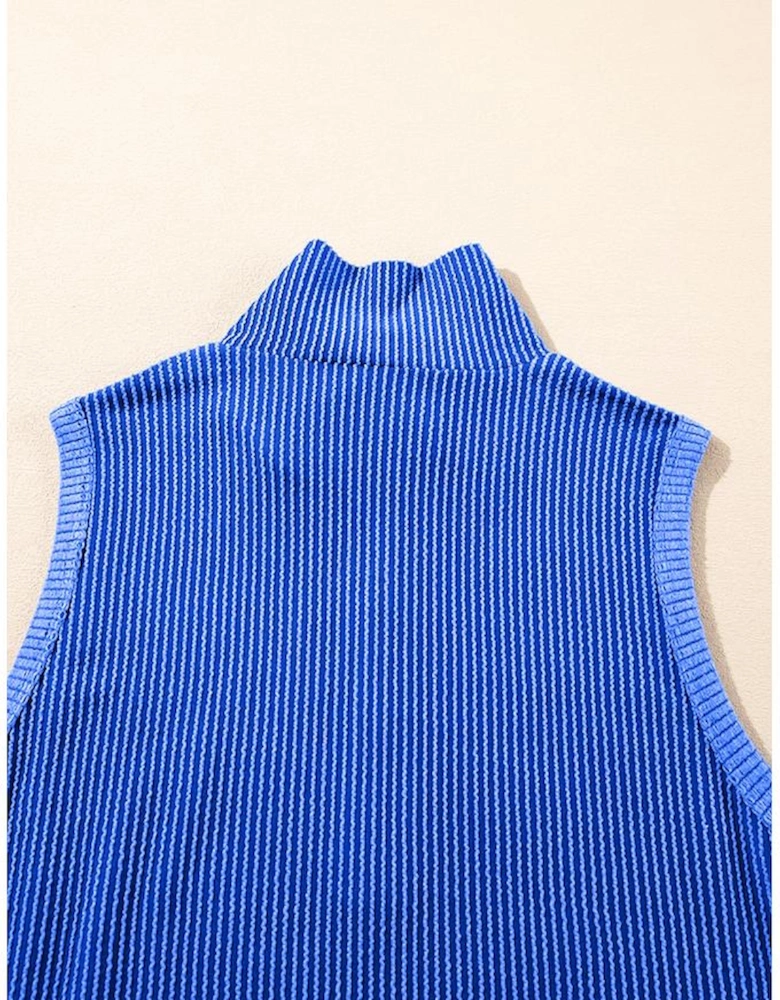 Sky Blue Corded Collared Half Zip Tank Top Two Piece Shorts Set