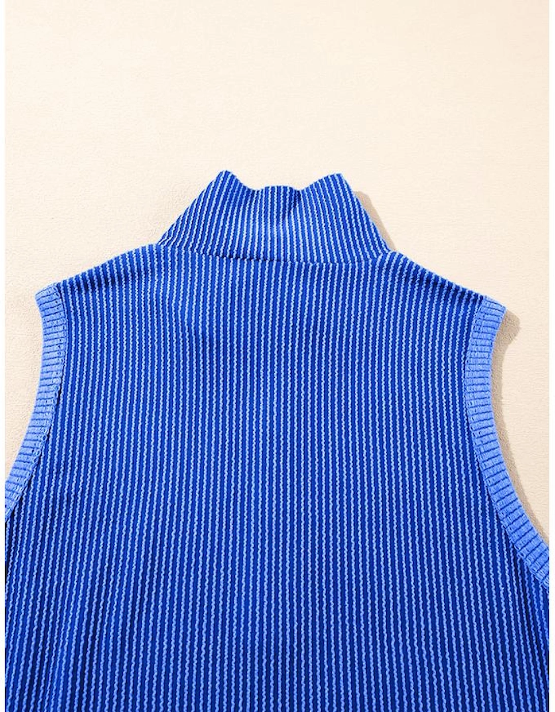 Sky Blue Corded Collared Half Zip Tank Top Two Piece Shorts Set