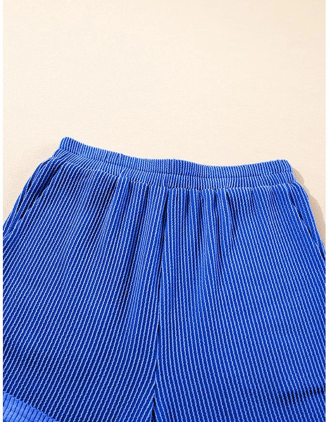 Sky Blue Corded Collared Half Zip Tank Top Two Piece Shorts Set