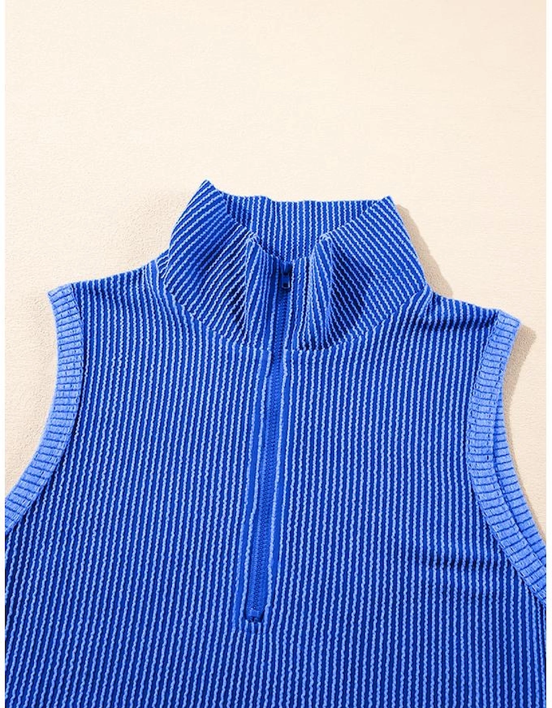 Sky Blue Corded Collared Half Zip Tank Top Two Piece Shorts Set