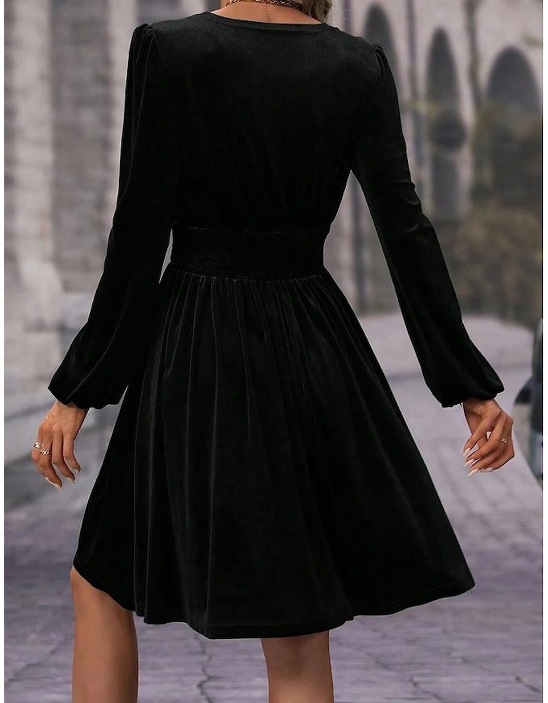 Black Velvet Long Sleeve Surplice High Waist Mini Dress