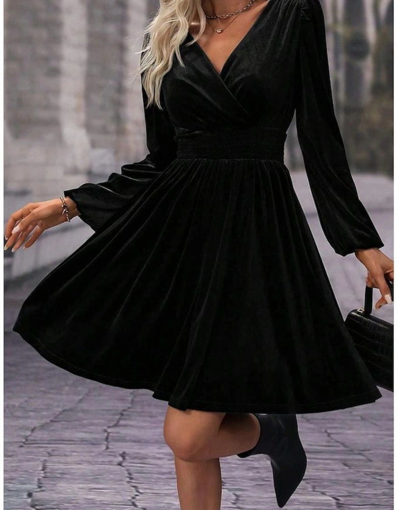 Black Velvet Long Sleeve Surplice High Waist Mini Dress