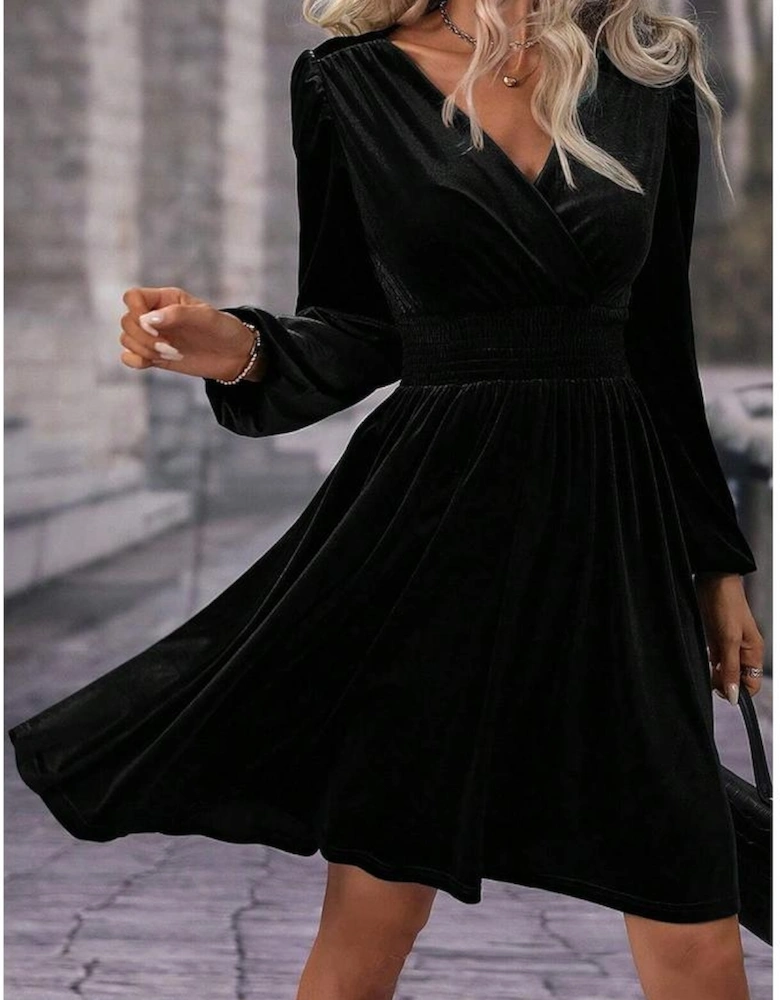 Black Velvet Long Sleeve Surplice High Waist Mini Dress