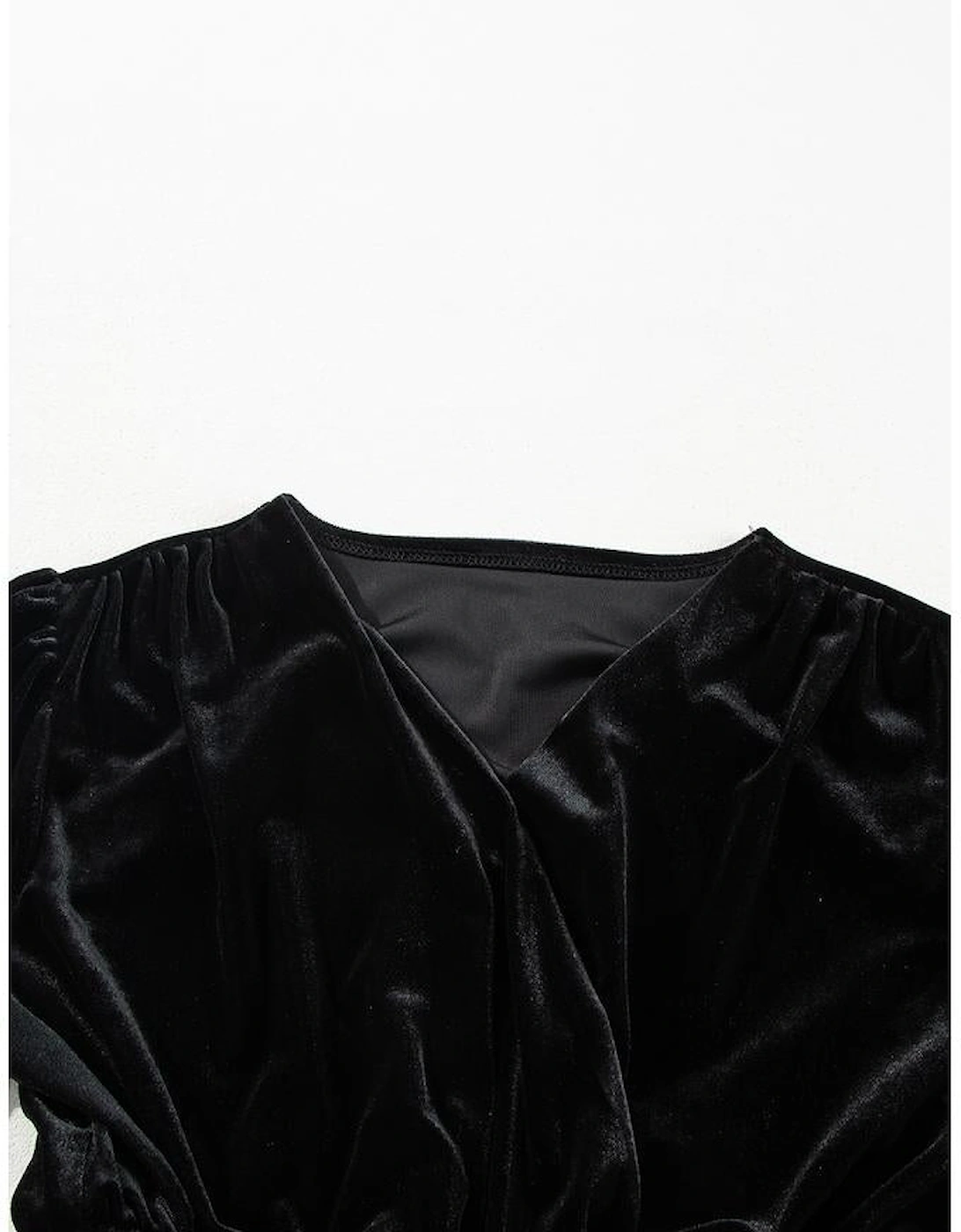 Black Velvet Long Sleeve Surplice High Waist Mini Dress