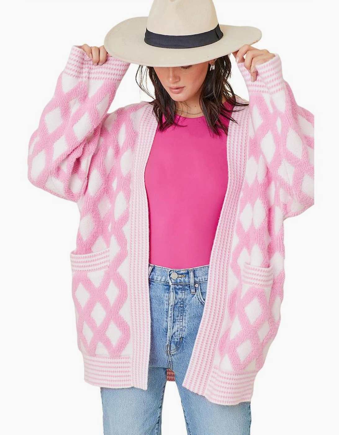 Pink Rhombus Pattern Knit Open Front Pocketed Cardigans