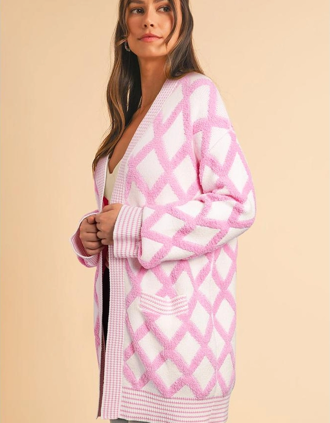 Pink Rhombus Pattern Knit Open Front Pocketed Cardigans