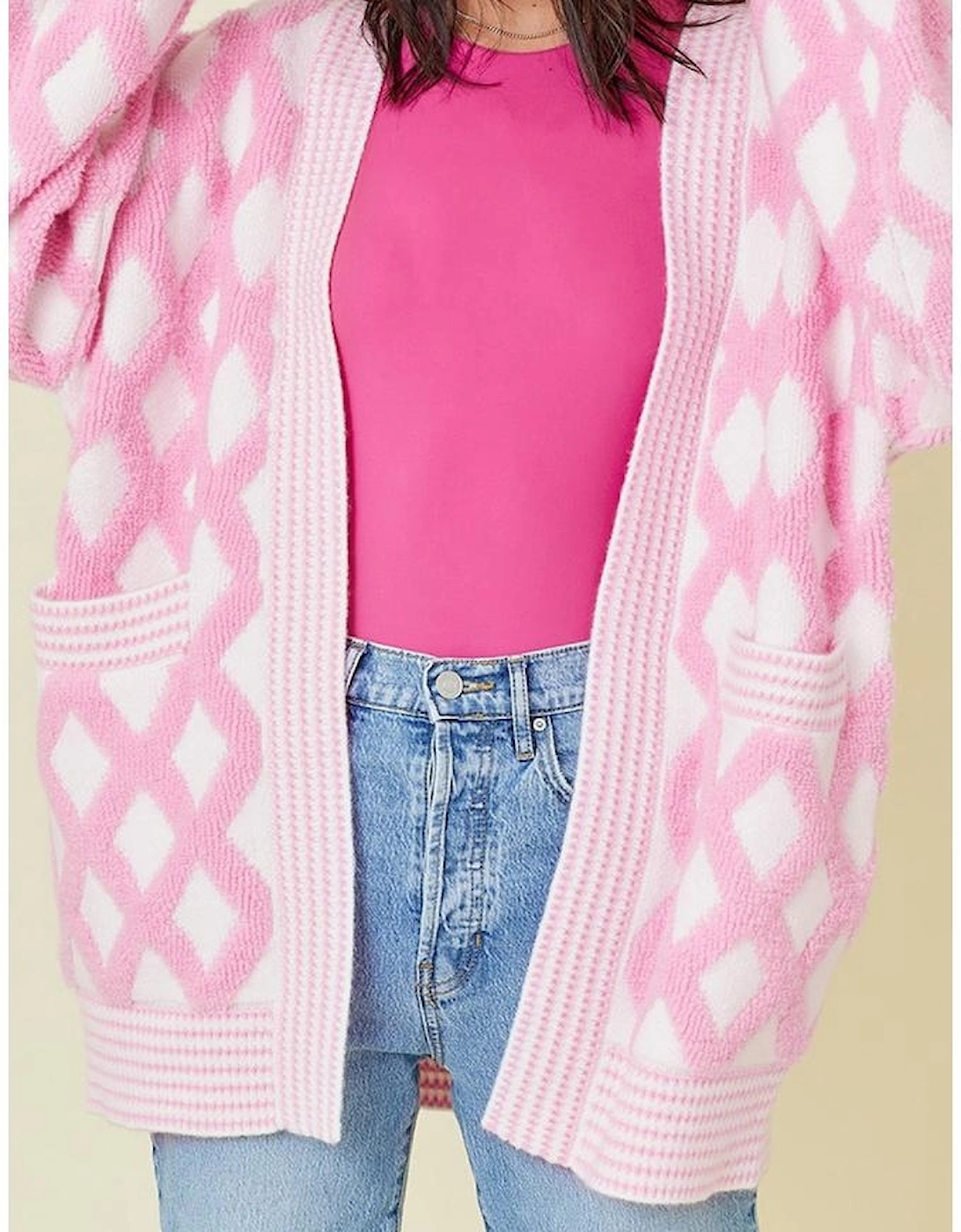 Pink Rhombus Pattern Knit Open Front Pocketed Cardigans