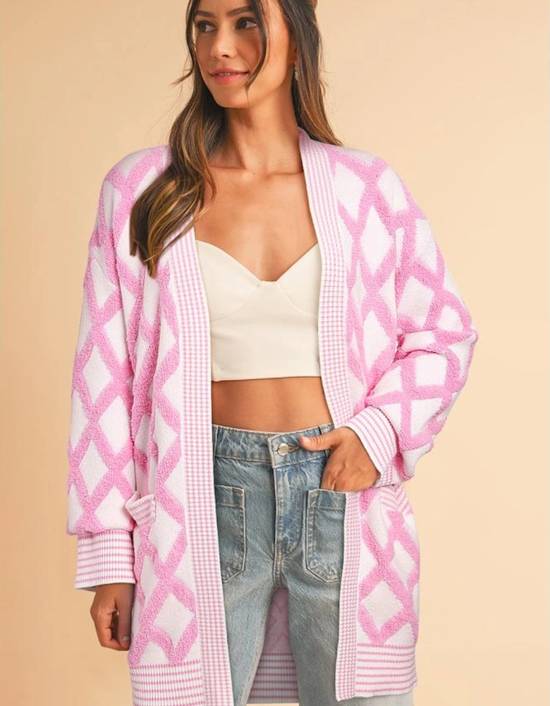 Pink Rhombus Pattern Knit Open Front Pocketed Cardigans