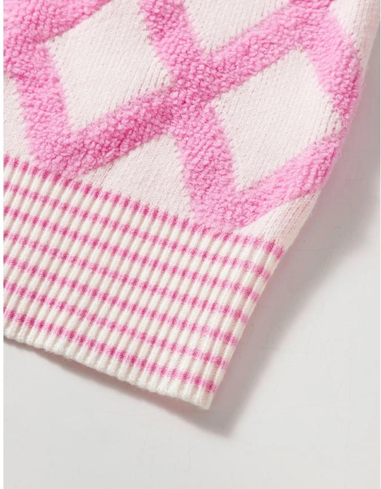 Pink Rhombus Pattern Knit Open Front Pocketed Cardigans