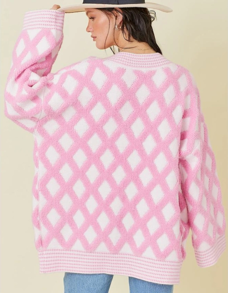 Pink Rhombus Pattern Knit Open Front Pocketed Cardigans