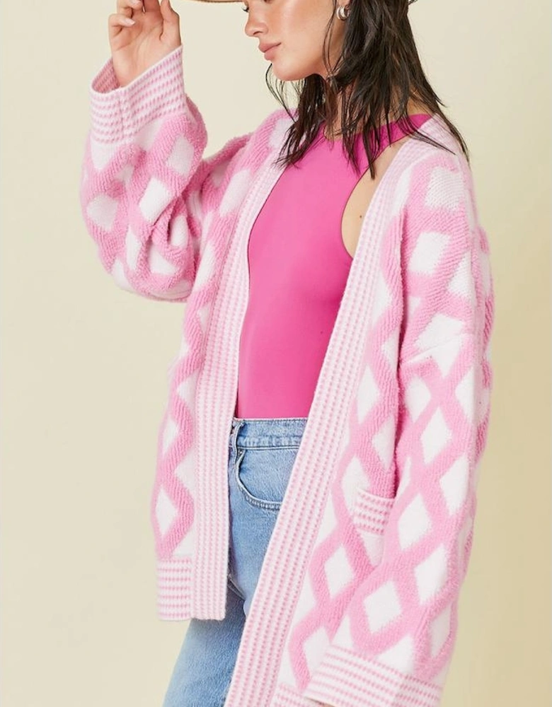 Pink Rhombus Pattern Knit Open Front Pocketed Cardigans