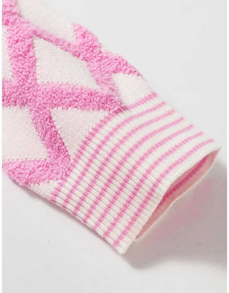 Pink Rhombus Pattern Knit Open Front Pocketed Cardigans