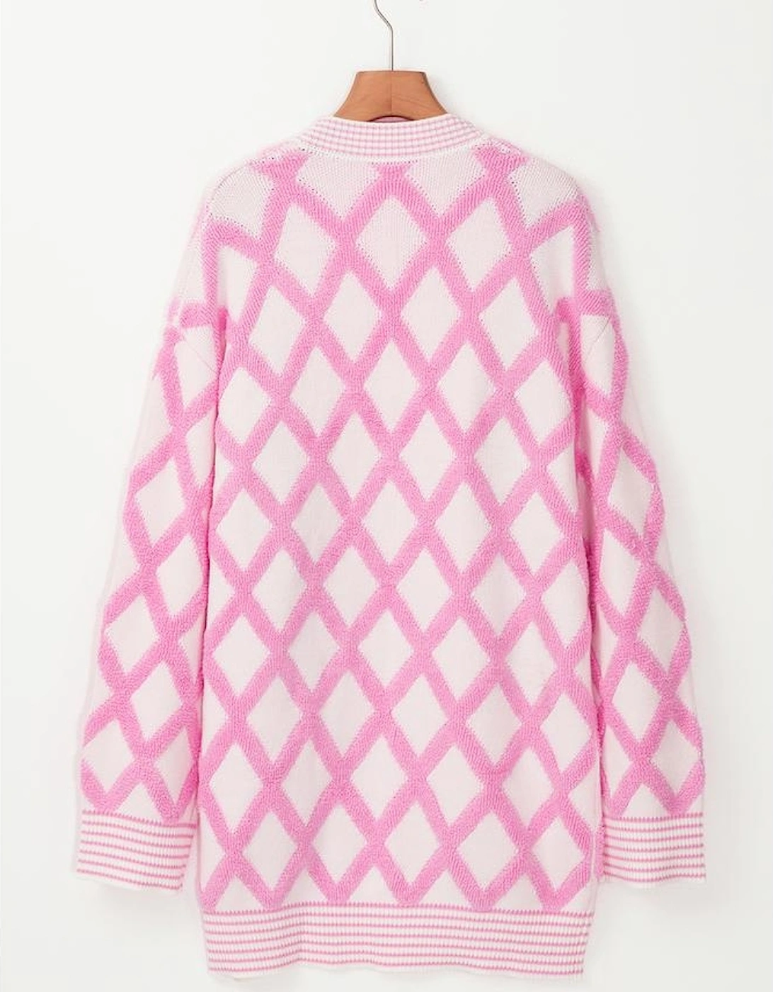 Pink Rhombus Pattern Knit Open Front Pocketed Cardigans
