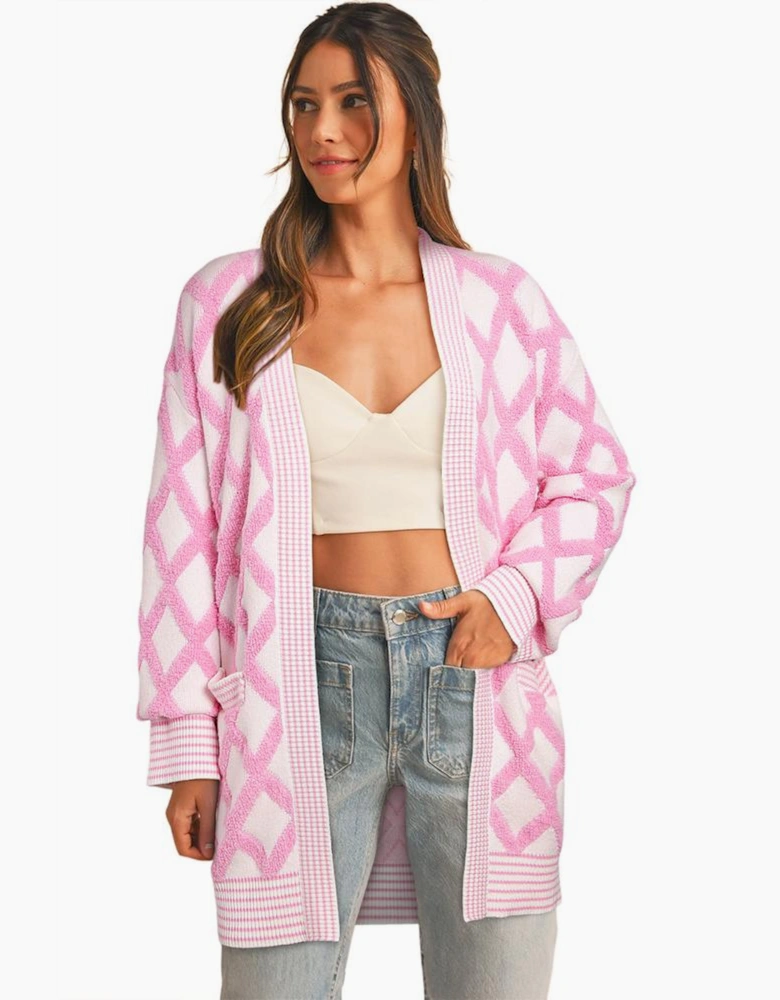 Pink Rhombus Pattern Knit Open Front Pocketed Cardigans