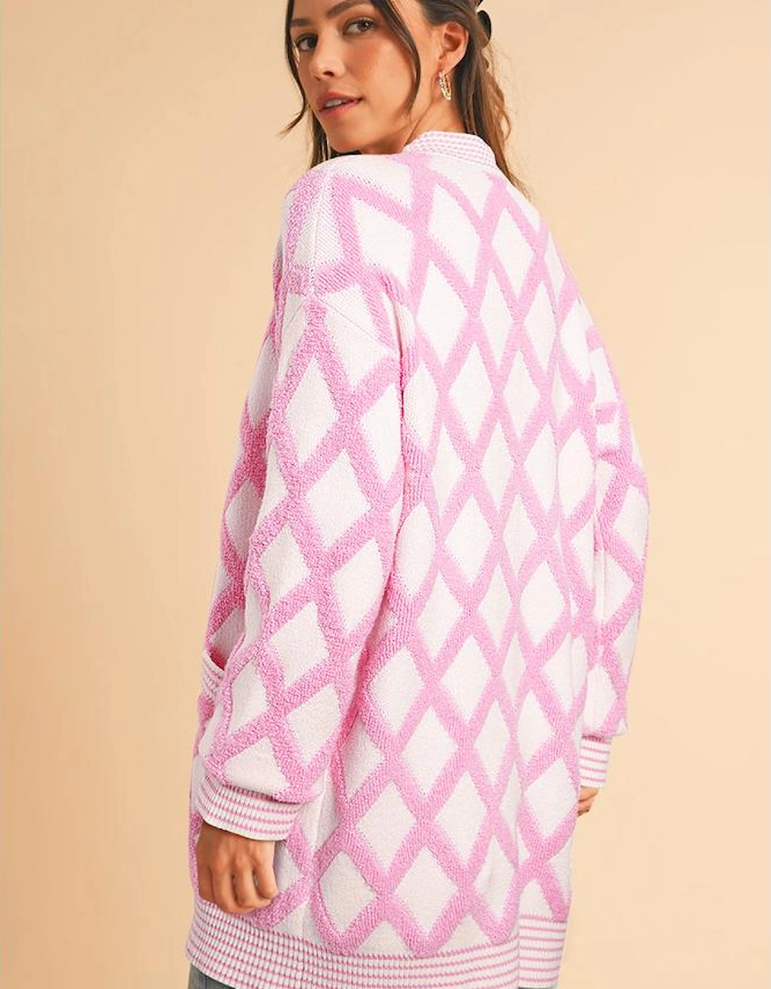Pink Rhombus Pattern Knit Open Front Pocketed Cardigans