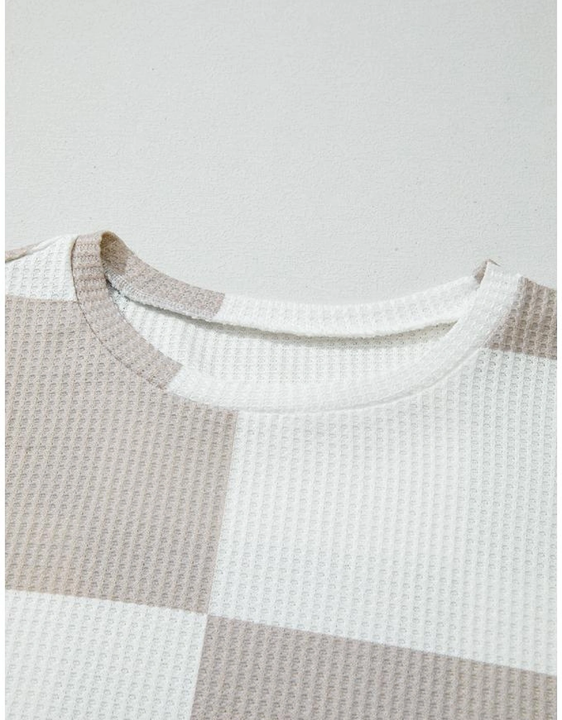 Khaki Checkered Print Breathable Textured Long Sleeve Top