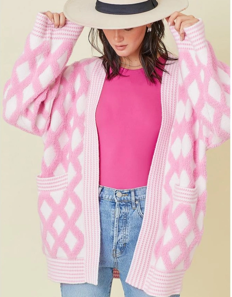 Pink Rhombus Pattern Knit Open Front Pocketed Cardigans