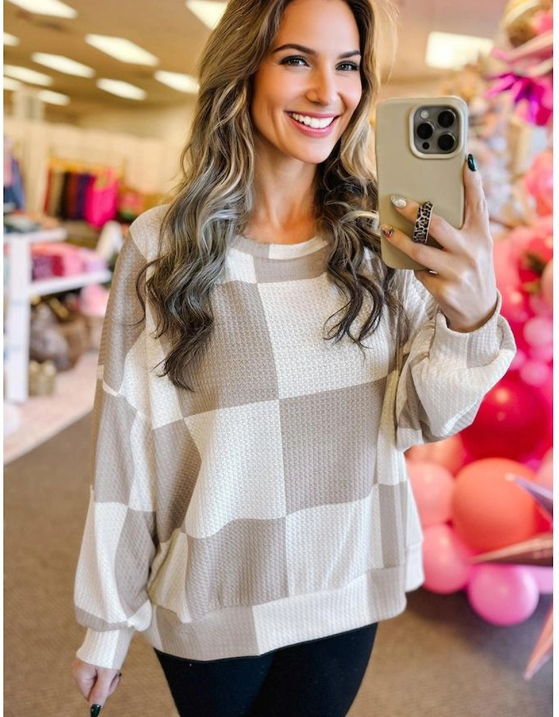 Khaki Checkered Print Breathable Textured Long Sleeve Top, 10 of 9