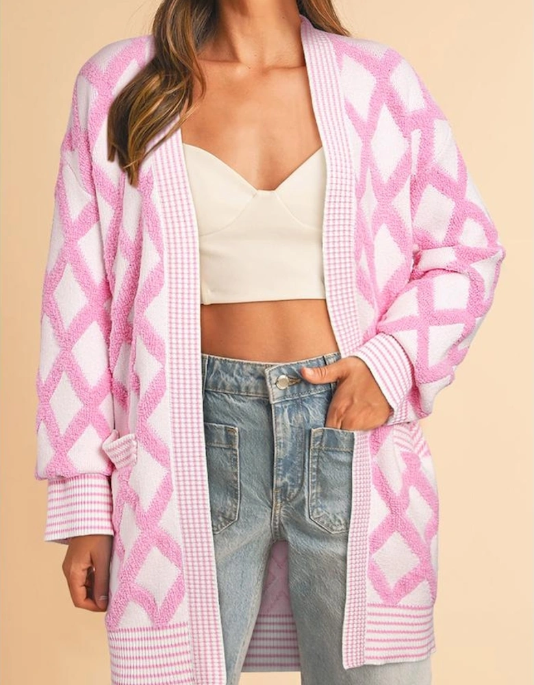 Pink Rhombus Pattern Knit Open Front Pocketed Cardigans