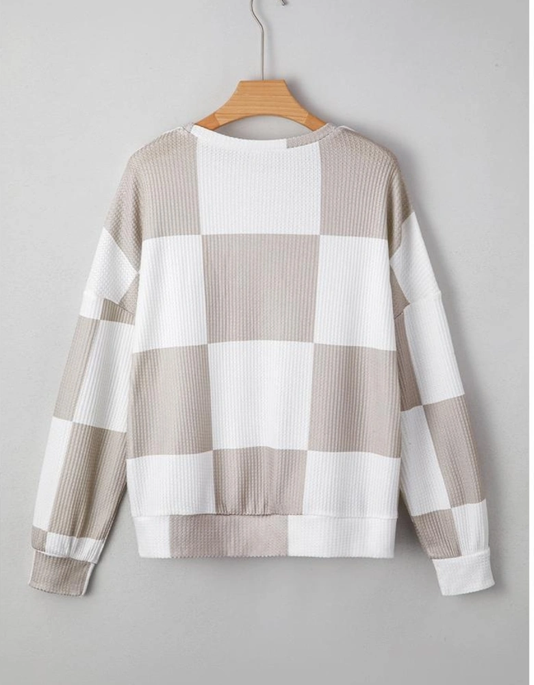 Khaki Checkered Print Breathable Textured Long Sleeve Top