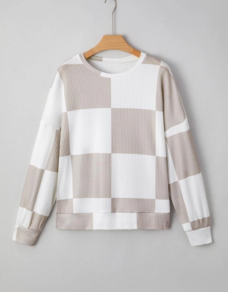 Khaki Checkered Print Breathable Textured Long Sleeve Top