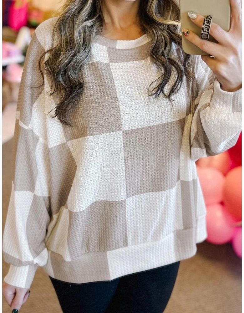 Khaki Checkered Print Breathable Textured Long Sleeve Top
