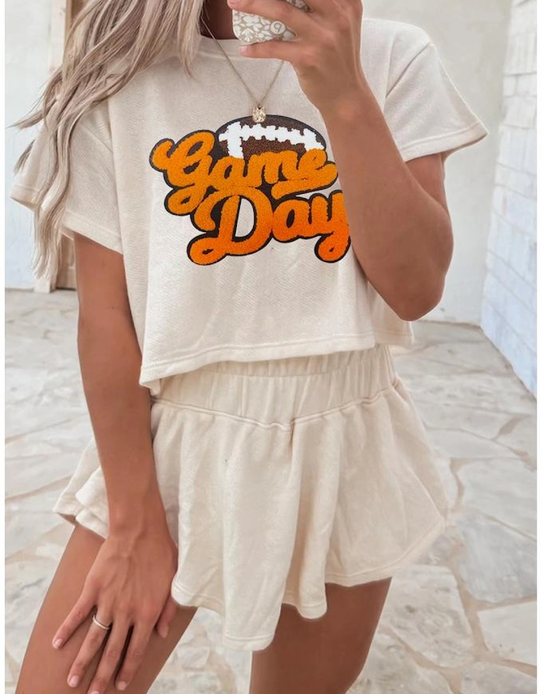 Beige Game Day Graphic Tee and Skort 2 Piece Set