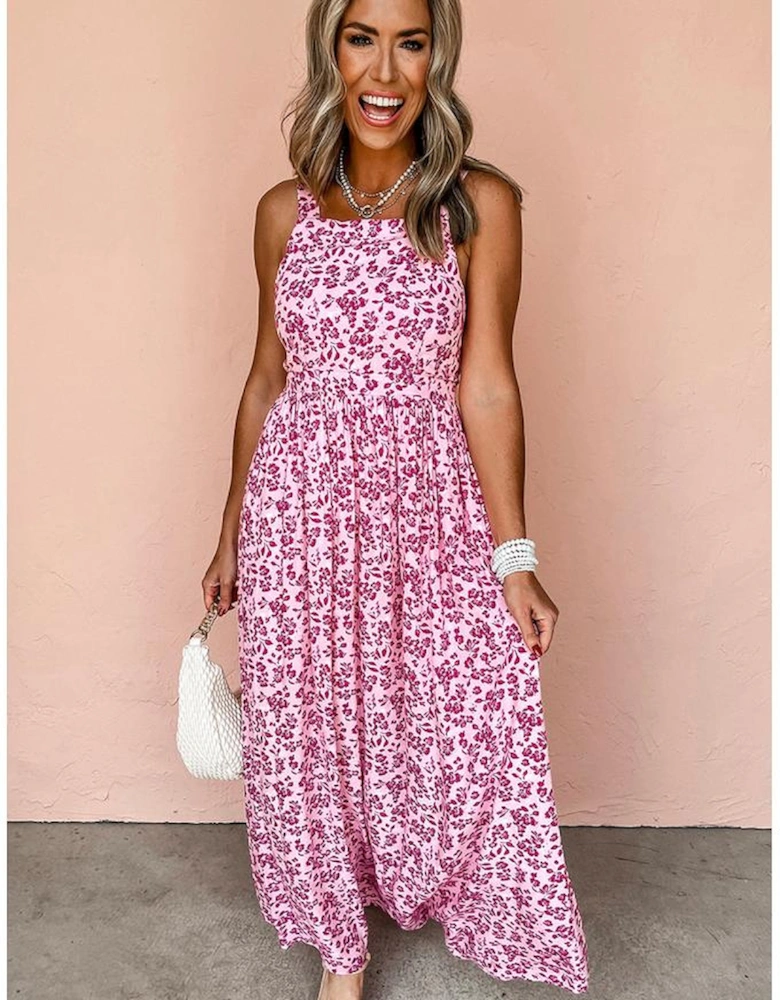 Pink Floral Cutout Back Empire Waist Sleeveless Maxi Dress