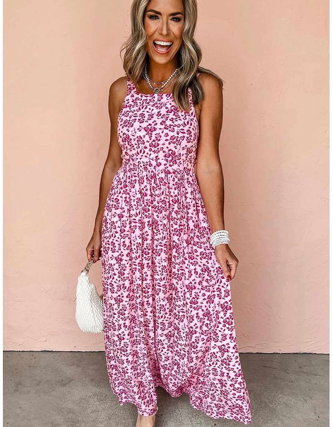 Pink Floral Cutout Back Empire Waist Sleeveless Maxi Dress