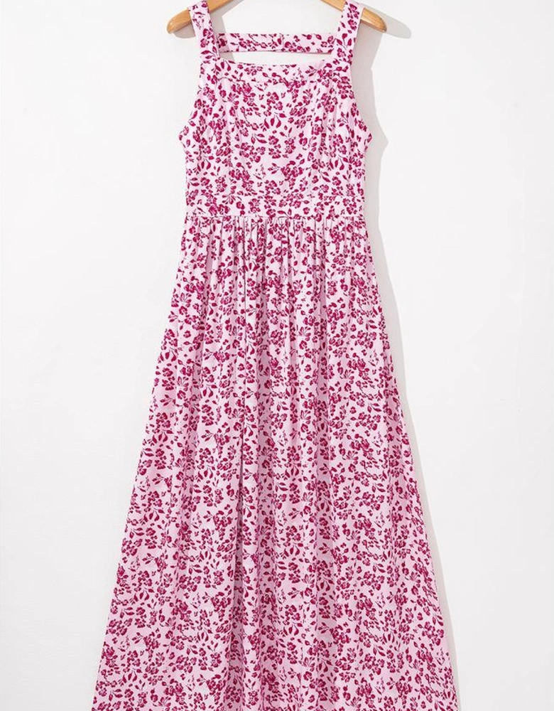 Pink Floral Cutout Back Empire Waist Sleeveless Maxi Dress